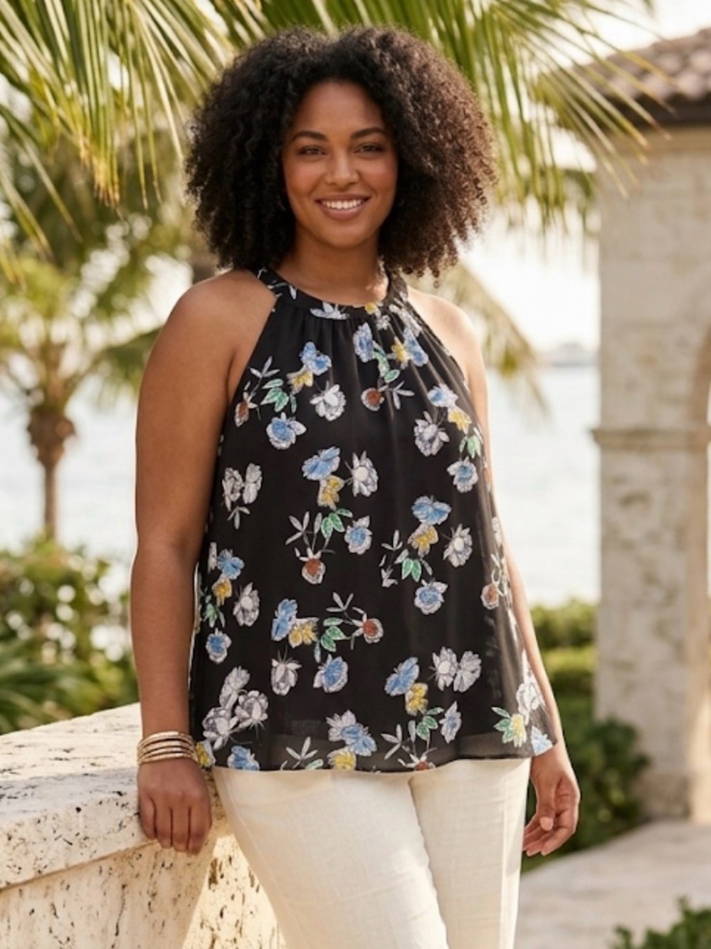Halogen Floral Tie Back Bow Flowy Sleeveless Blouse Size Large Romantic Feminine